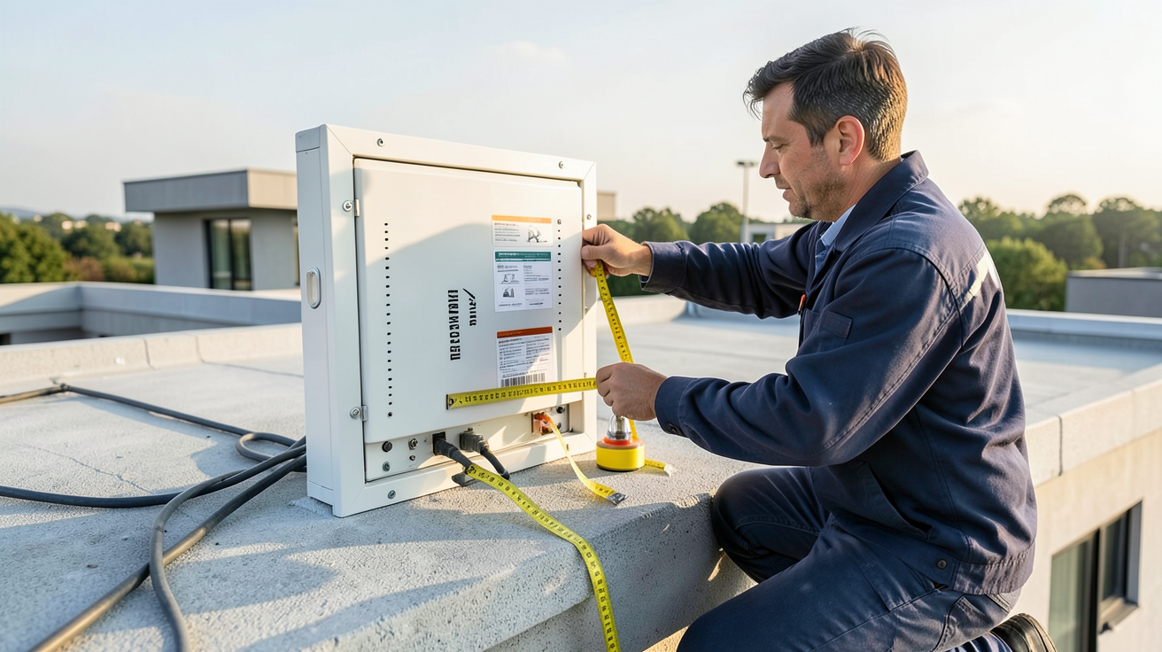 panneau thermodynamique installé sur un toit moderne avec un technicien vérifiant les critères d'installation