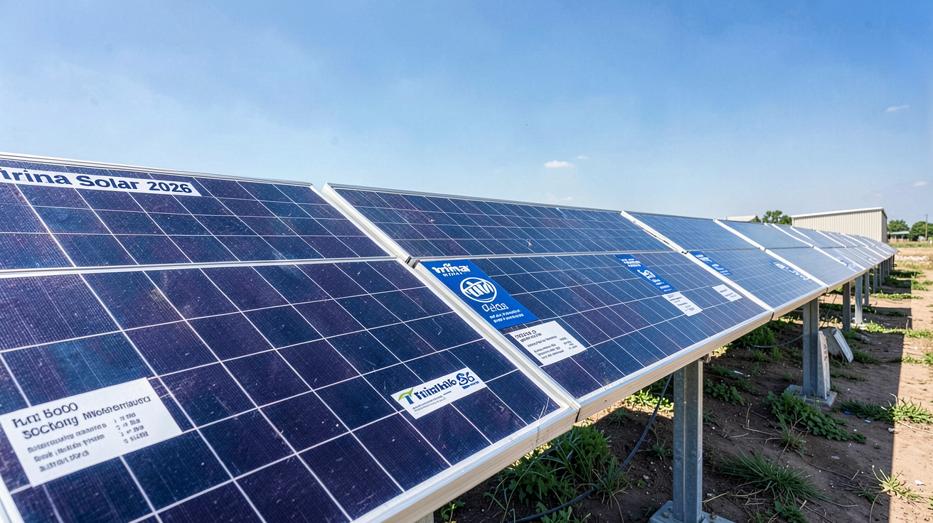 panneau Trina Solar présentant la gamme 2026 avec modèles, puissances et rendements affichés