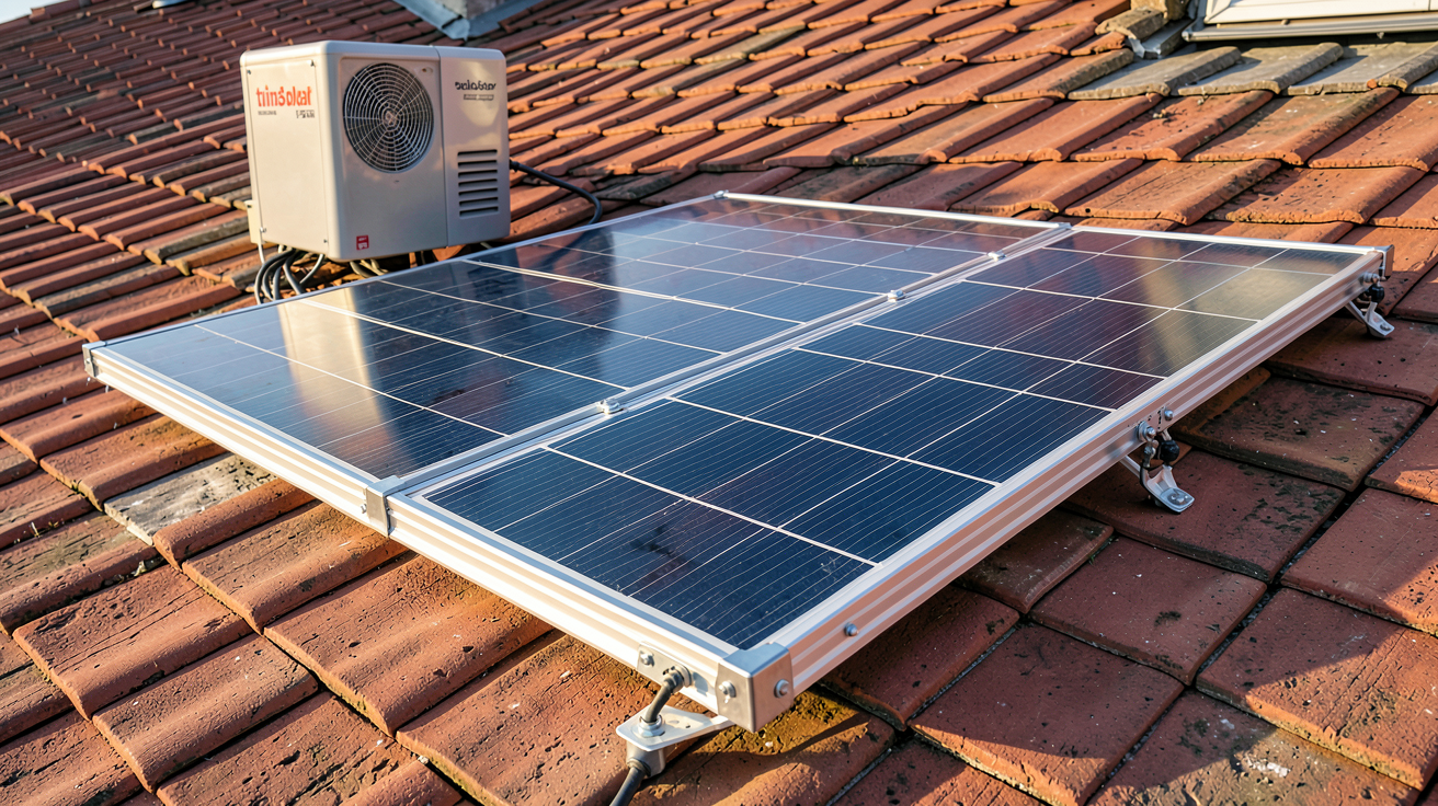 panneau Trina Solar installé sur une toiture avec un onduleur hybride et un système de montage en aluminium