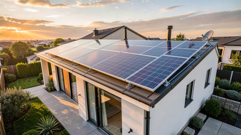 panneau Trina Solar installé sur le toit d'une maison moderne sous un ciel ensoleillé