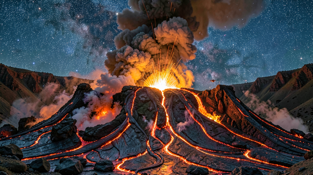 panneau volcanique en éruption avec coulées de lave et panaches de fumée épais