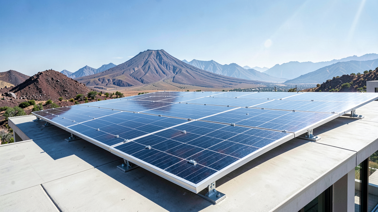 panneau volcanique photovoltaïque installé sur le toit d'une maison moderne avec un paysage volcanique en arrière-plan