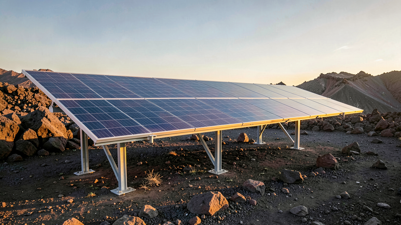 panneau volcanique photovoltaïque monocristallin installé sur un terrain volcanique en montagne