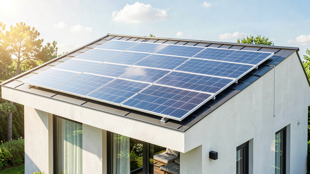 panneau voltaique installé sur le toit d'une maison moderne sous une lumière solaire naturelle