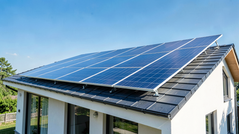 panneau voltaique installé sur le toit d'une maison moderne sous un ciel bleu