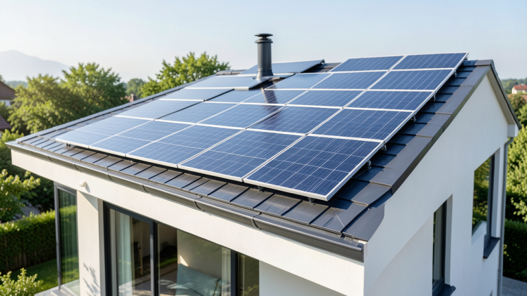 panneau voltaique prix installation solaire sur le toit d’une maison moderne, éclairage naturel et rendu haute résolution