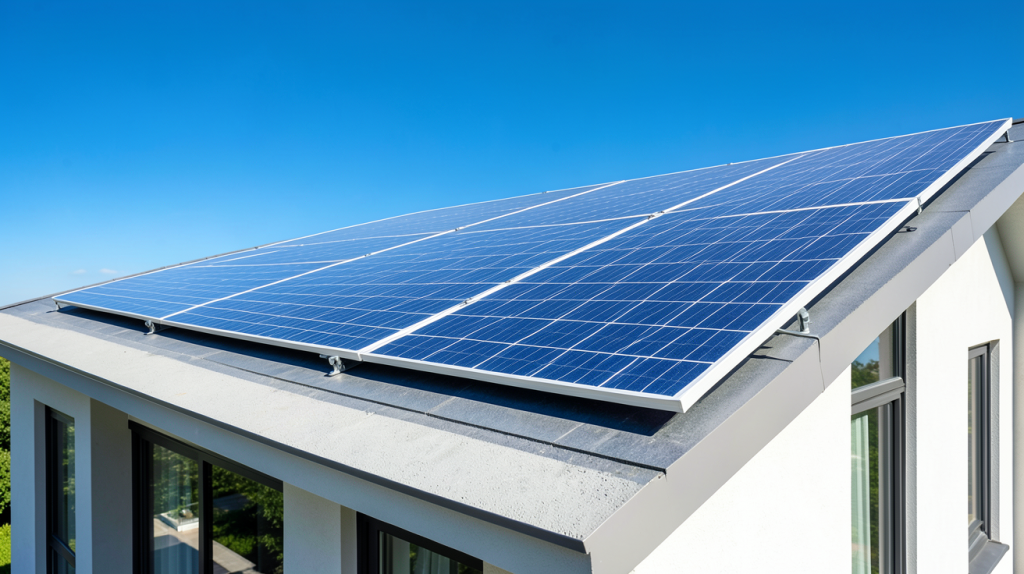 panneau voltec installé sur le toit d'une habitation moderne sous un soleil radieux