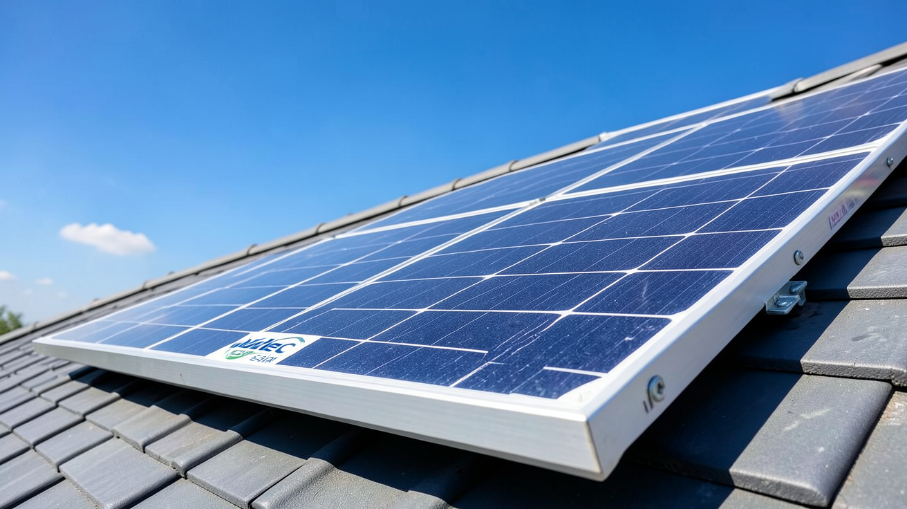 panneau Voltec Solar installé sur un toit avec vue sur un ciel bleu, illustrant les tests de performance et de rendement