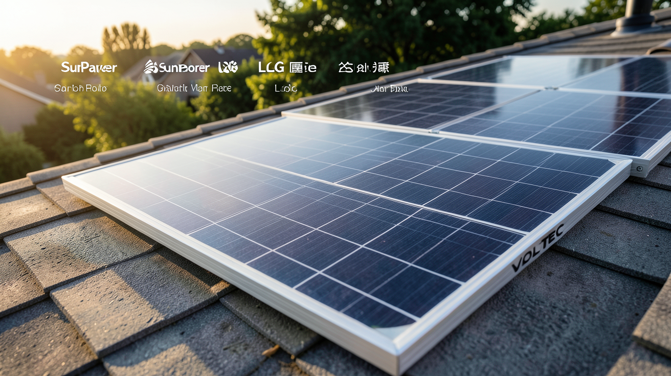 panneau Voltec solaire installé sur un toit résidentiel comparé à des panneaux concurrents SunPower, LG et marques asiatiques