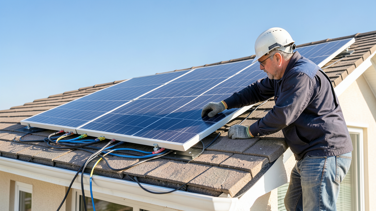 panneau Voltec Solar en cours d'installation sur le toit d'une maison