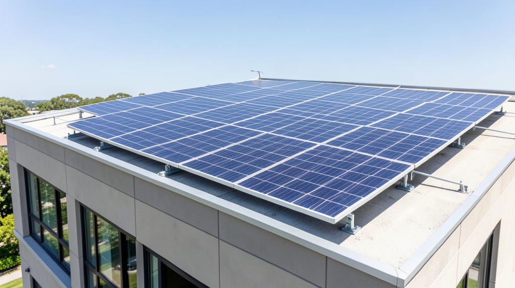 panneausolaire installé sur le toit d'un bâtiment commercial sous le soleil éclatant