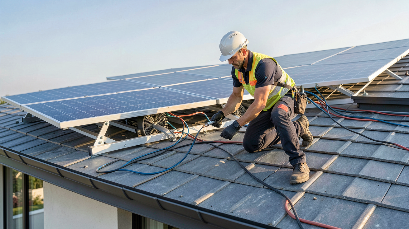 panneaux aérovoltaïques en cours d'installation sur le toit d'une maison moderne, avec un professionnel en action