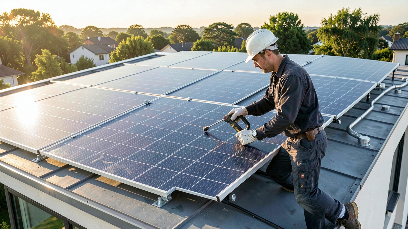 panneaux aérovoltaïques : technicien effectuant l'entretien d'un système sur le toit d'une maison moderne