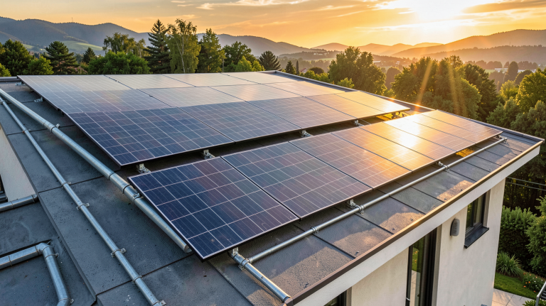 panneaux aérovoltaïques installés sur le toit d'une maison écologique