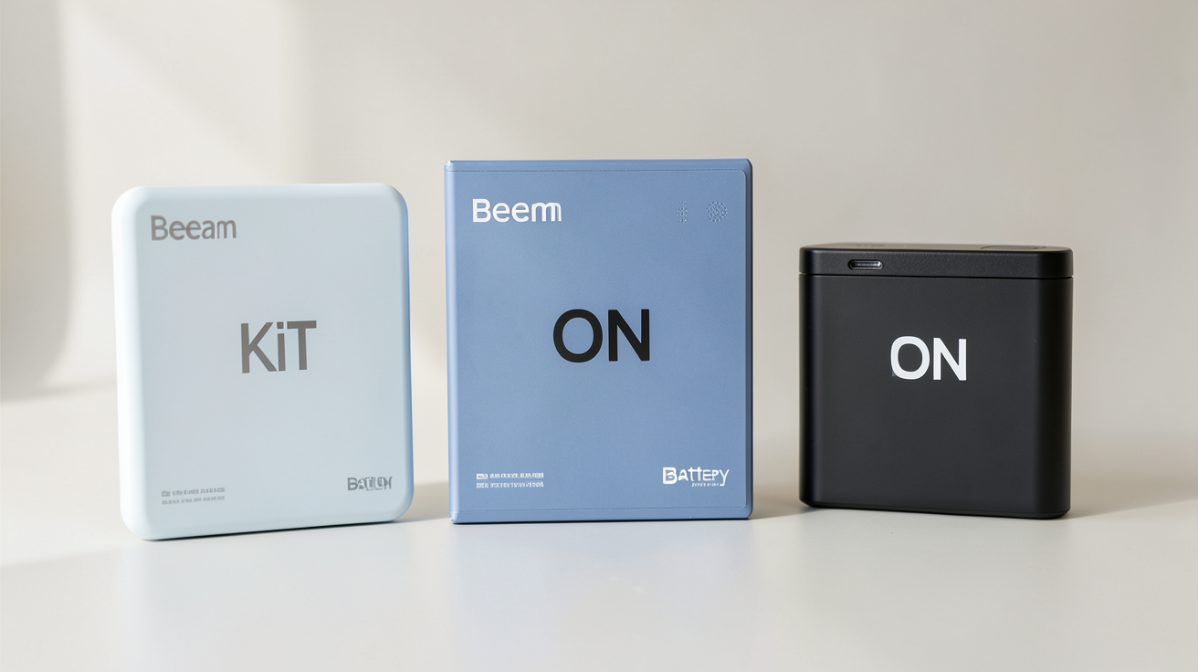 panneaux Beem présentant les gammes Kit, On et Battery disposés de manière organisée
