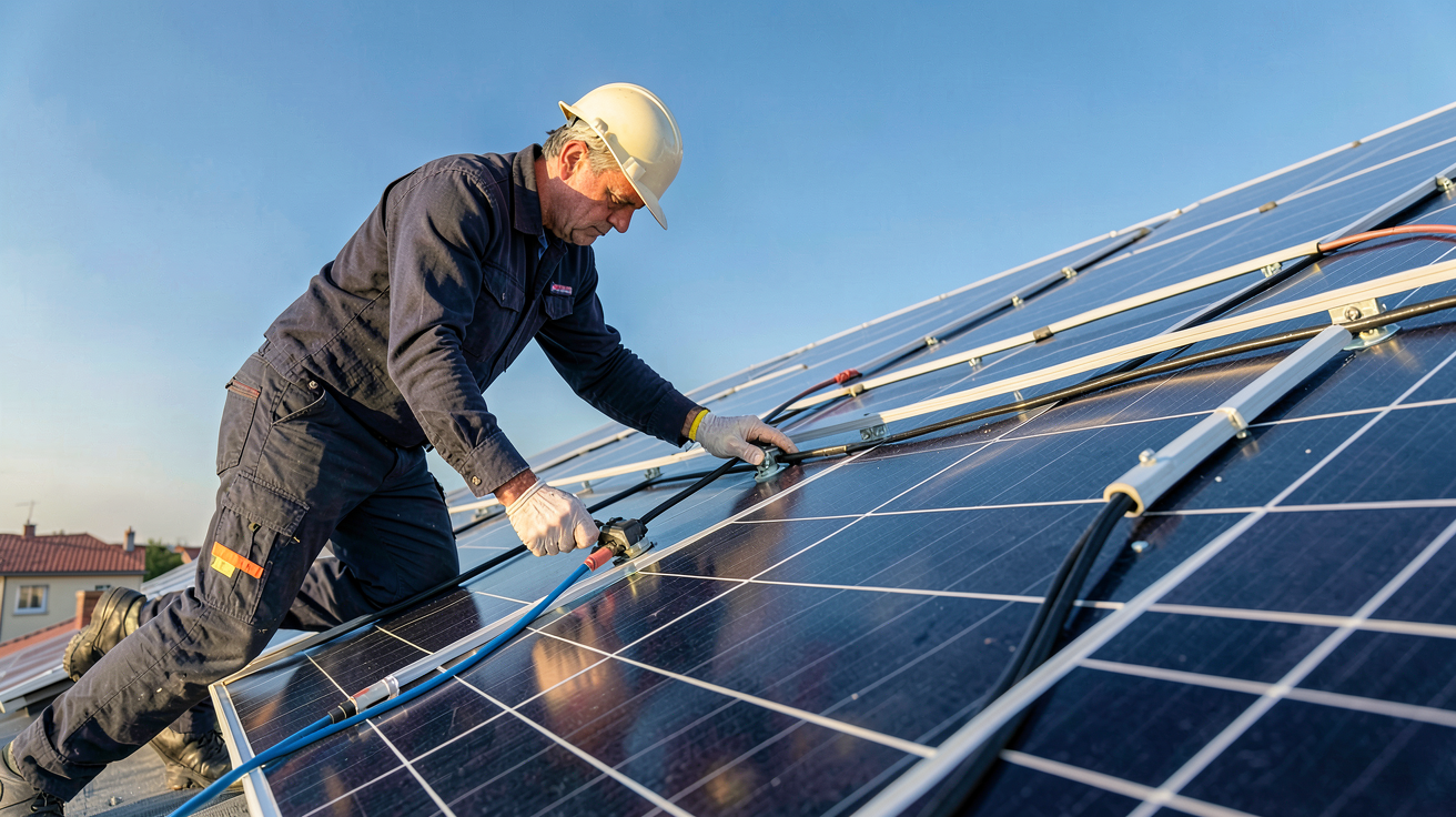 panneaux hybrides DualSun en cours d'installation sur un toit, illustrant le guide d'installation et les exigences techniques
