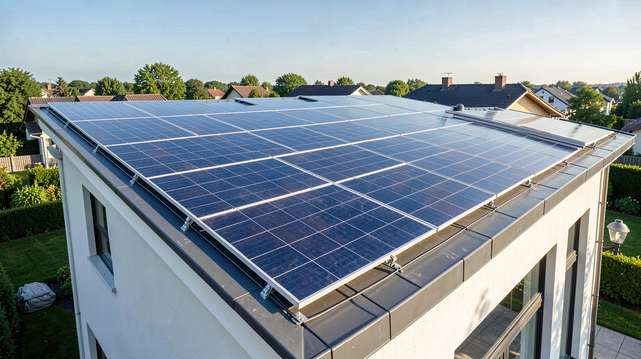 panneaux photo autoconsommation solaire installation sur toit de maison individuelle avec ciel dégagé