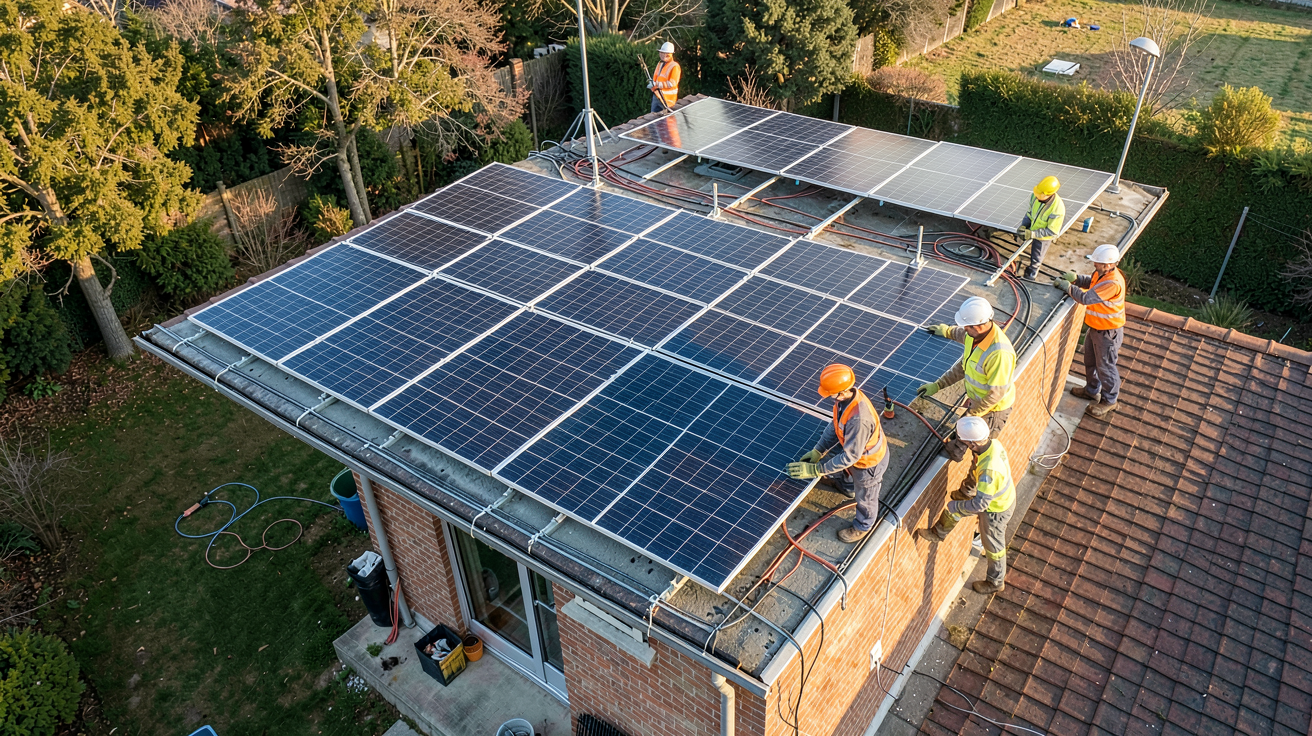 panneaux photo installation de panneaux solaires sur le toit d'une maison individuelle avec ouvriers professionnels