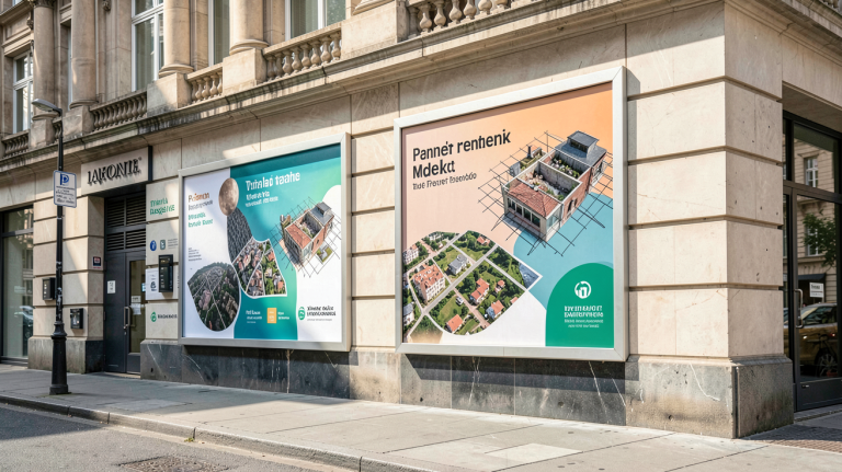 panneaux photo affichés sur la façade d’un bâtiment urbain, éclairés par la lumière naturelle