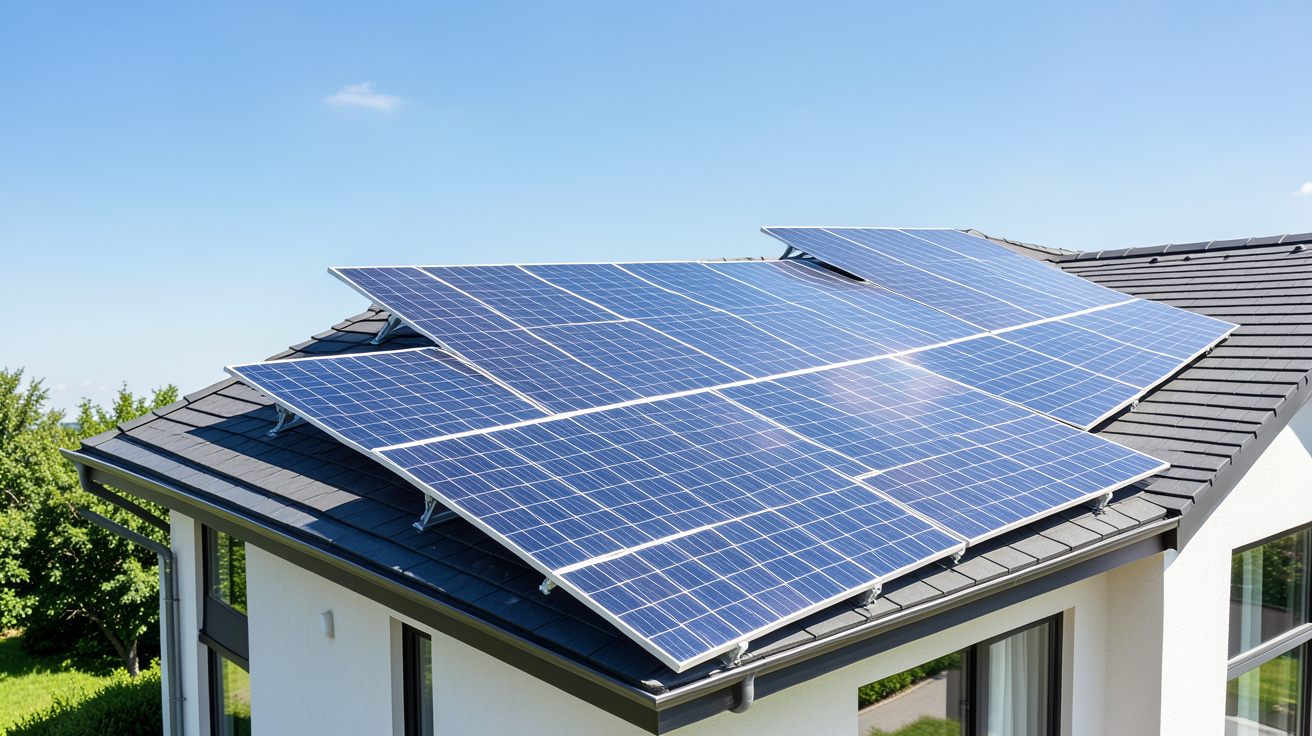 panneaux photovoltaique allemand installés sur la toiture d'une maison résidentielle sous un soleil radieux