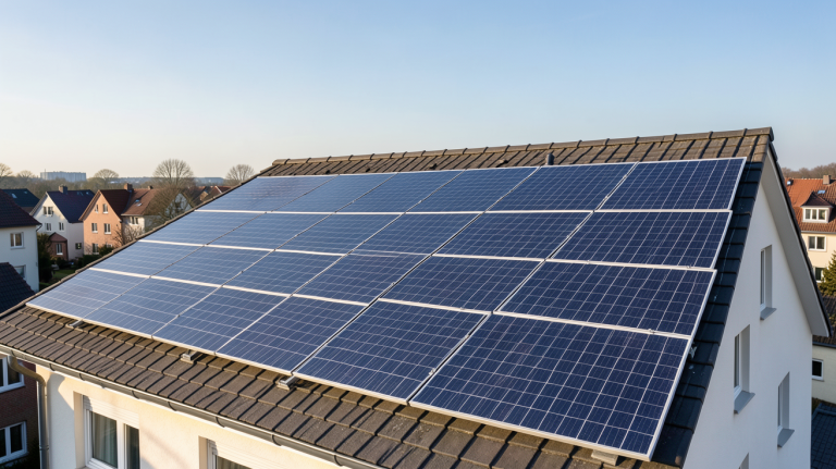 panneaux photovoltaïques allemands installés sur le toit d'une maison urbaine en Allemagne