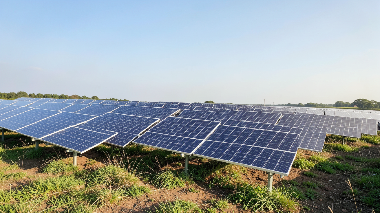 panneaux photovoltaique au sol installés dans un champ ensoleillé montrant leurs avantages