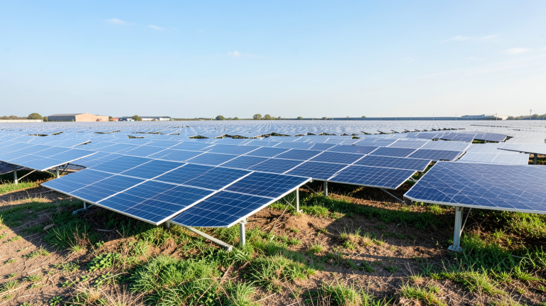 panneaux photovoltaique au sol installés dans un champ verdoyant sous un ciel dégagé