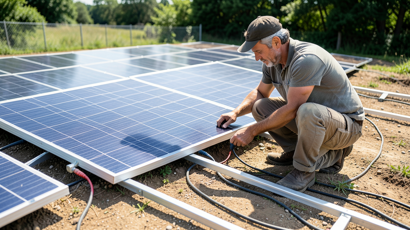 panneaux photovoltaique au sol montrant les étapes d'installation détaillée pour un projet DIY