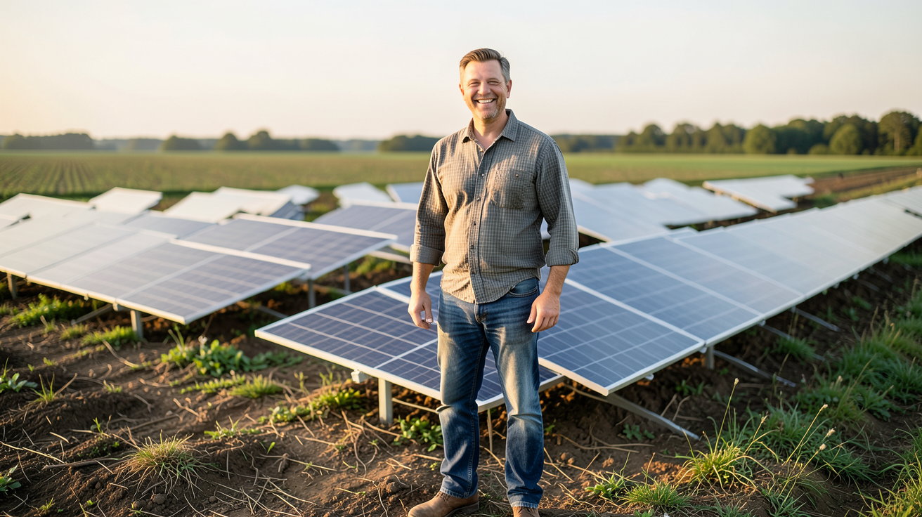 panneaux photovoltaique au sol montrant un agriculteur devant son champ équipé d'installations solaires au sol