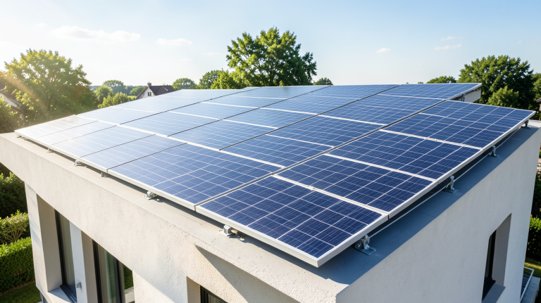 panneaux photovoltaique autoconsommation installés sur le toit d'une maison moderne sous un ciel bleu