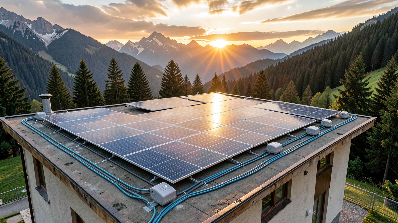 panneaux photovoltaïque autonome installés sur une maison isolée en montagne