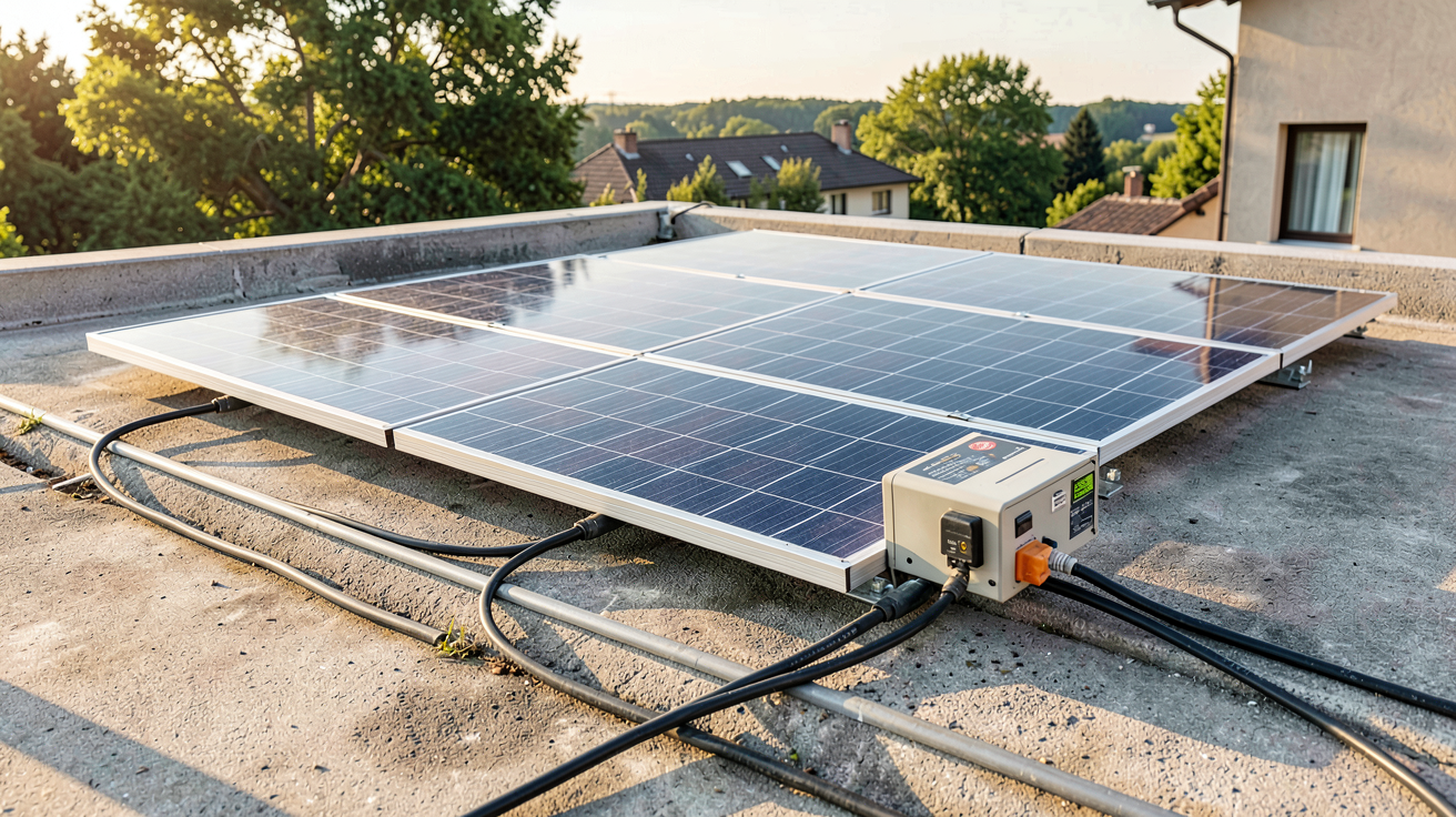 panneaux photovoltaique autonome installés sur un toit plat pour une installation dimensionnée