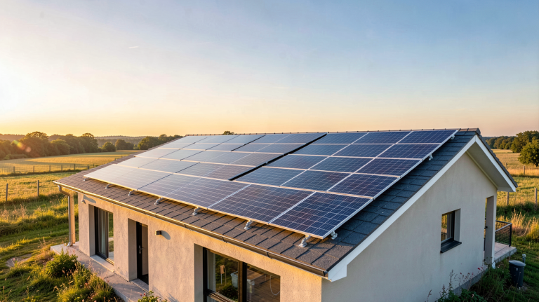 panneaux photovoltaïques autonomes installés sur le toit d'une maison isolée en campagne