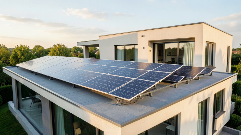panneaux photovoltaïques et batterie de stockage installés sur le toit d'une maison moderne