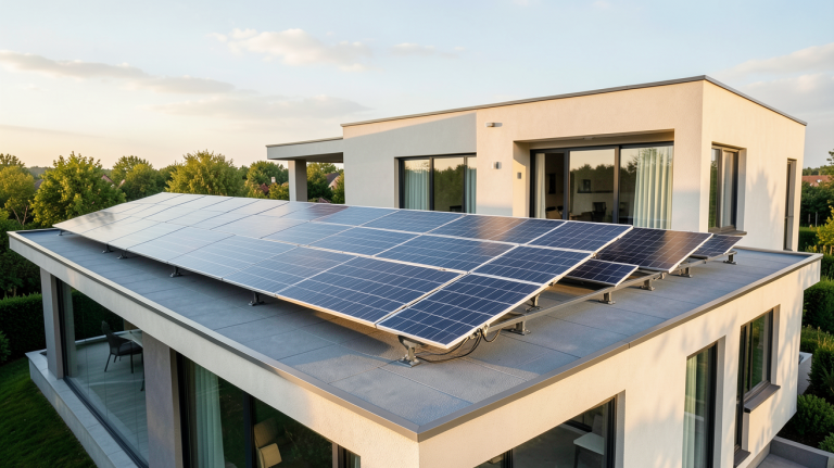 panneaux photovoltaïques et batterie de stockage installés sur le toit d'une maison moderne