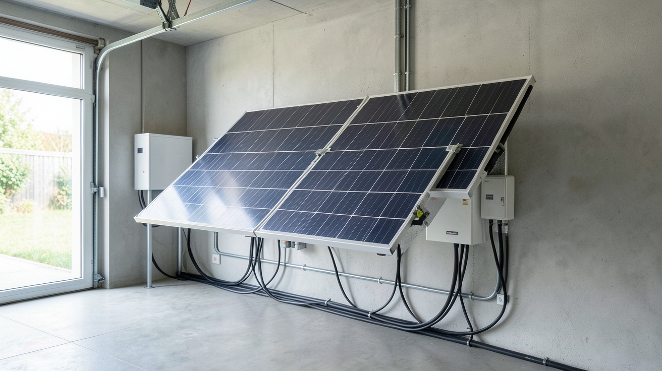 panneaux photovoltaique batterie avec onduleur hybride installé dans un garage moderne