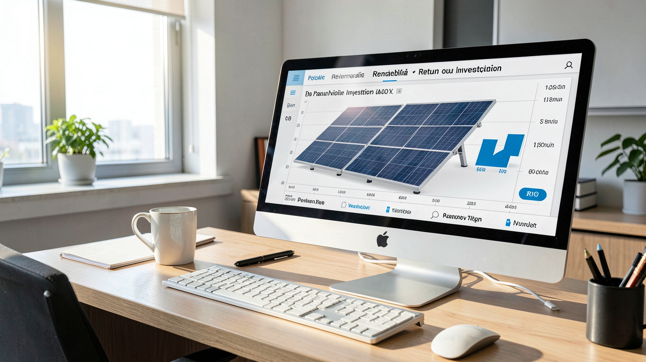 panneaux photovoltaïque calcul de la rentabilité et retour sur investissement (ROI) sur un écran d'ordinateur dans un bureau