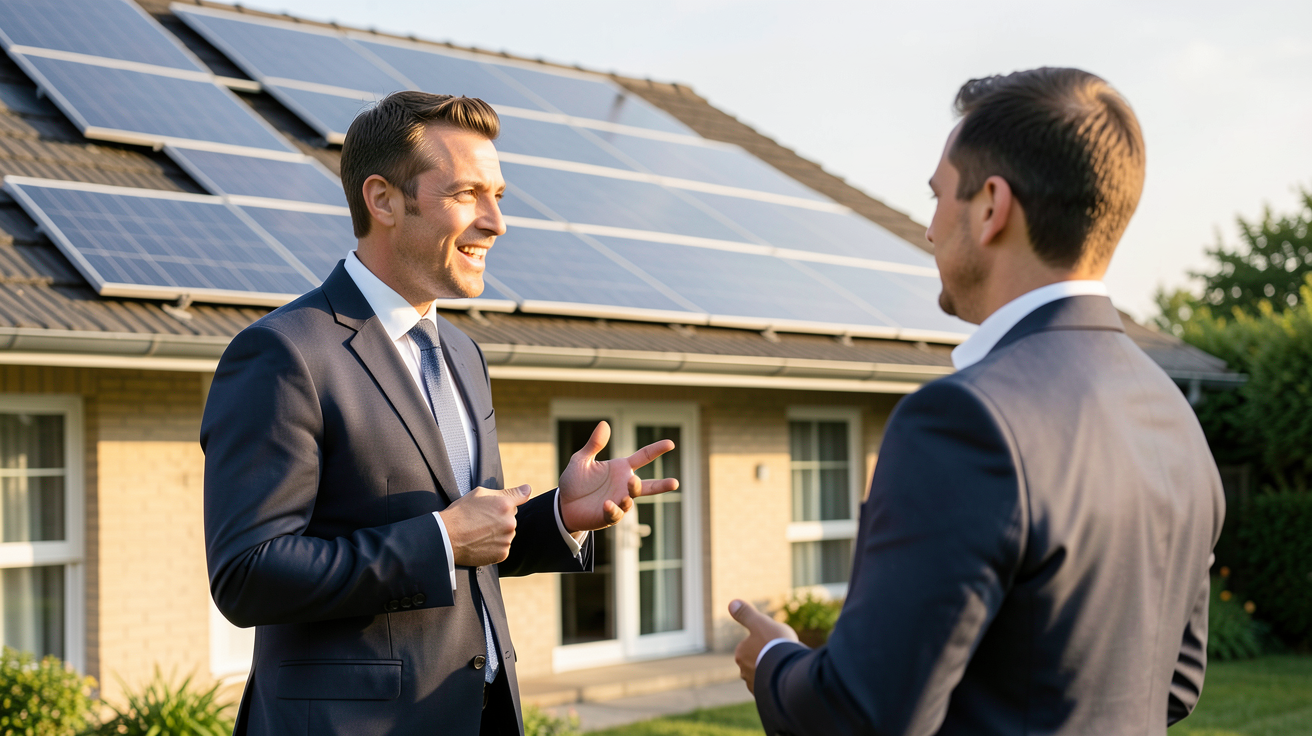 panneaux photovoltaïque devis gratuit sans engagement discuté entre un professionnel et un client devant une maison équipée de panneaux solaires