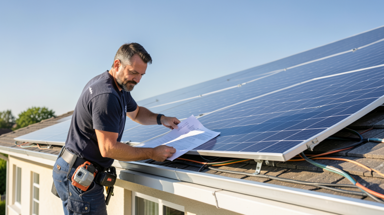 panneaux photovoltaïque devis présenté par un installateur sur le toit d'une maison