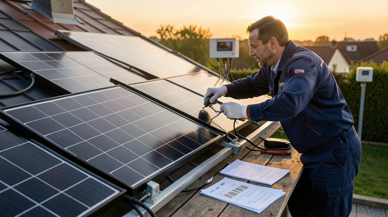 panneaux photovoltaïques EDF installés sur un toit avec documents financiers et compteurs électriques