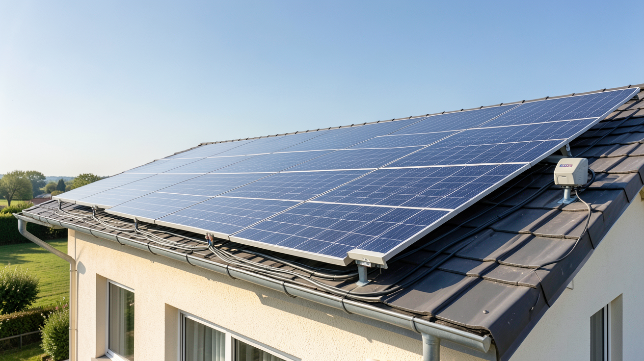 panneaux photovoltaïque EDF installés sur le toit d'une maison avec des retours d'expérience clients visibles en arrière-plan