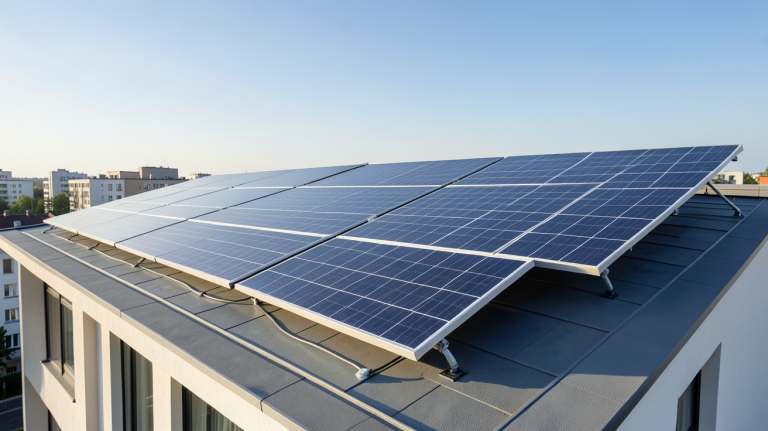 panneaux photovoltaïque EDF installés sur le toit d'une maison urbaine moderne sous un ciel dégagé