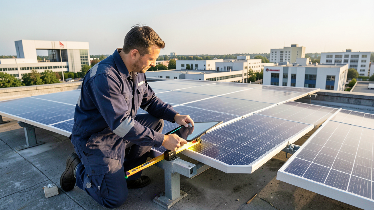 panneaux photovoltaïque entreprise étude solaire en cours sur une toiture industrielle