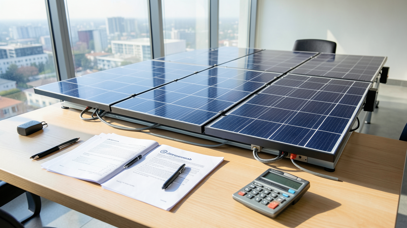 panneaux photovoltaïques sur le toit d'une entreprise avec documents de financement et calculatrice