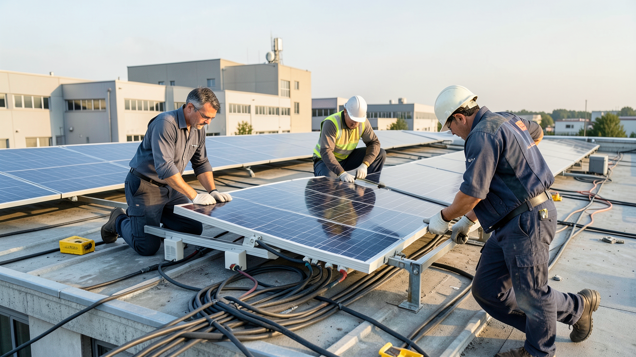panneaux photovoltaïque entreprise lors de l'installation et de la mise en service sur un toit industriel