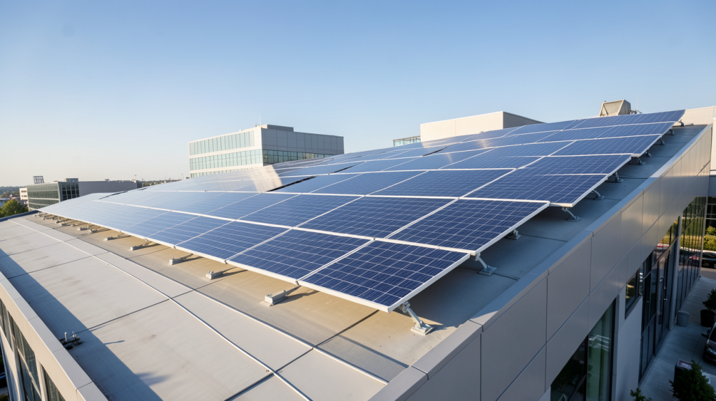 panneaux photovoltaïques installés sur le toit d'un bâtiment d'entreprise moderne