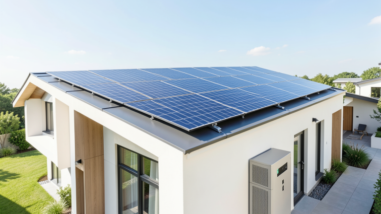 panneaux photovoltaique et batterie installés sur une résidence moderne pour l'autonomie énergétique