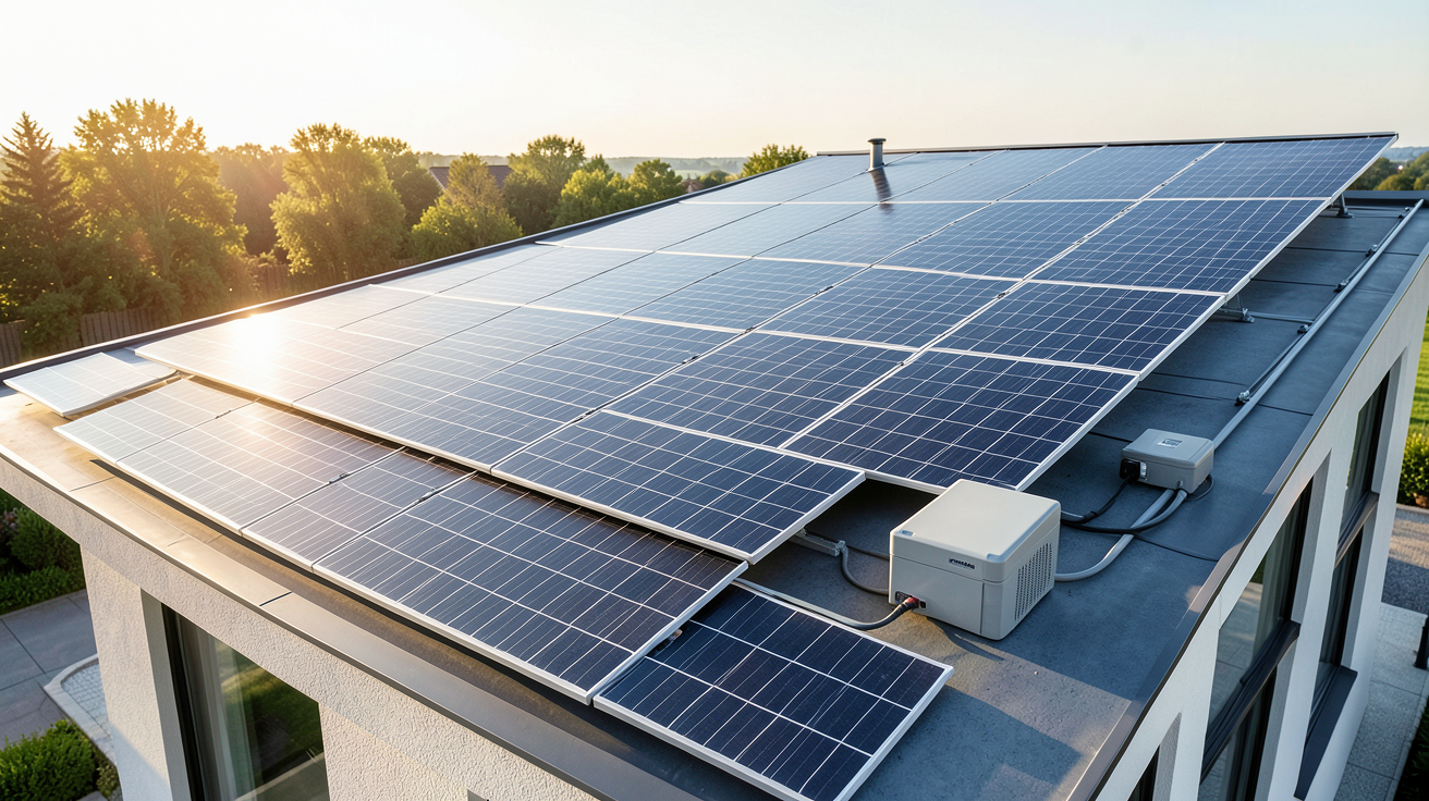 panneaux photovoltaïque et batterie schéma d'installation sur toit de maison moderne avec onduleur et batterie de stockage