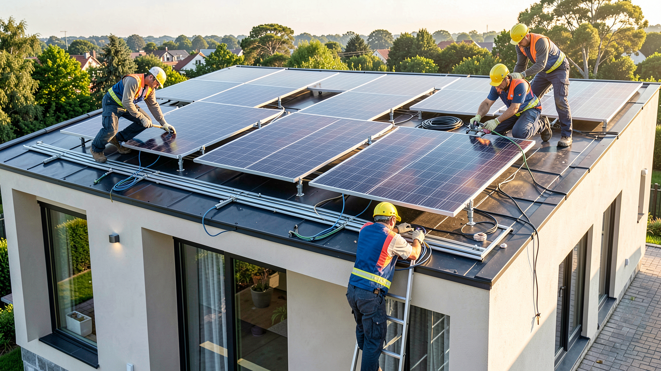 panneaux photovoltaïque lors des étapes d'installation d'un système résidentiel sur le toit d'une maison