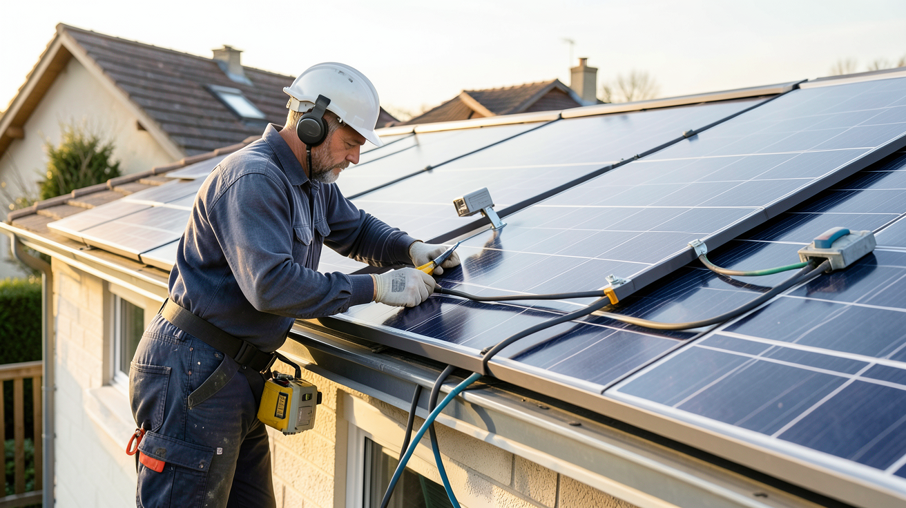 panneaux photovoltaïque hybride en cours d'installation sur le toit d'une maison résidentielle